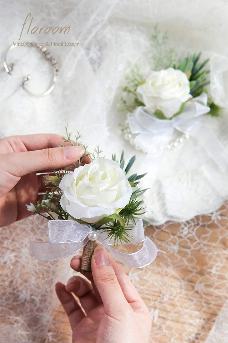 Floroom Ivory Rose Wrist Corsage Wristlet Band Bracelet and Men Boutonniere Set for White Wedding Flower Accessories Prom Suit Decorations - Image 2